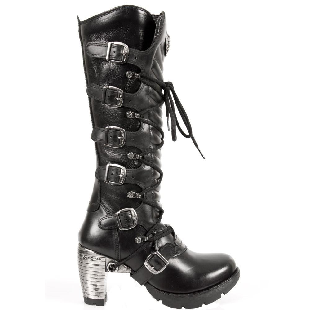 New Rock Ladies Black Buckle Laced Knee-High Boots- TR004-S1
