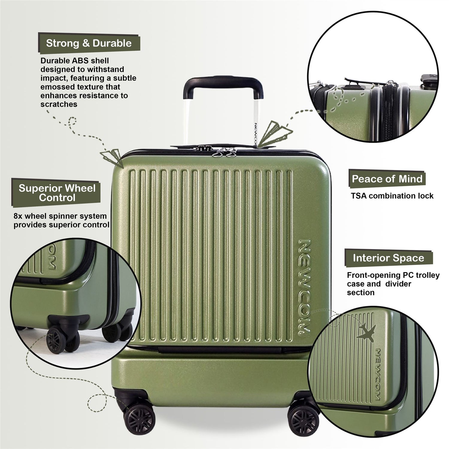 Durable EasyJet Ryanair 39 x 26 x 51.5 cm Olive Green Front Open Cabin Luggage Travel Suitcase