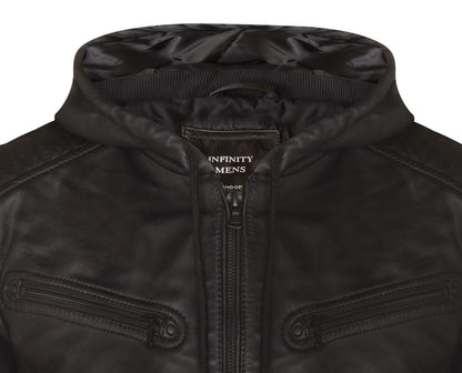 Mens Leather Hooded Bomber Jacket - Cromer