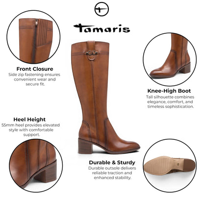 Tamaris Women’s Brown Leather Riding Knee-High Heel Long Boots - 25576-47
