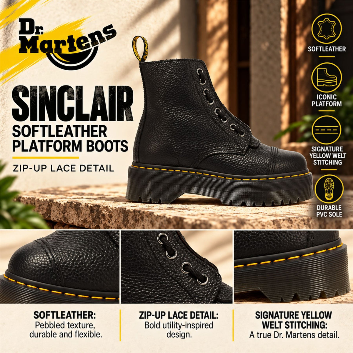 Dr Martens Sinclair Black Leather Zip Front Platform Boots - 22564001
