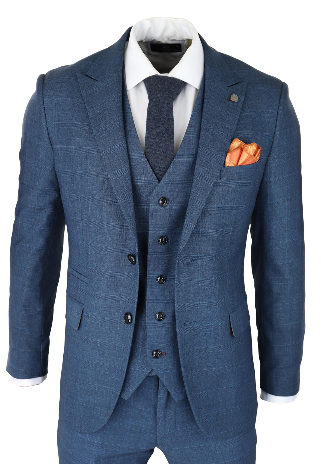 Mens 3 Piece Blue Suit Prince Of Wales Check Classic Light Tailored Fit Modern - Upperclass Fashions 