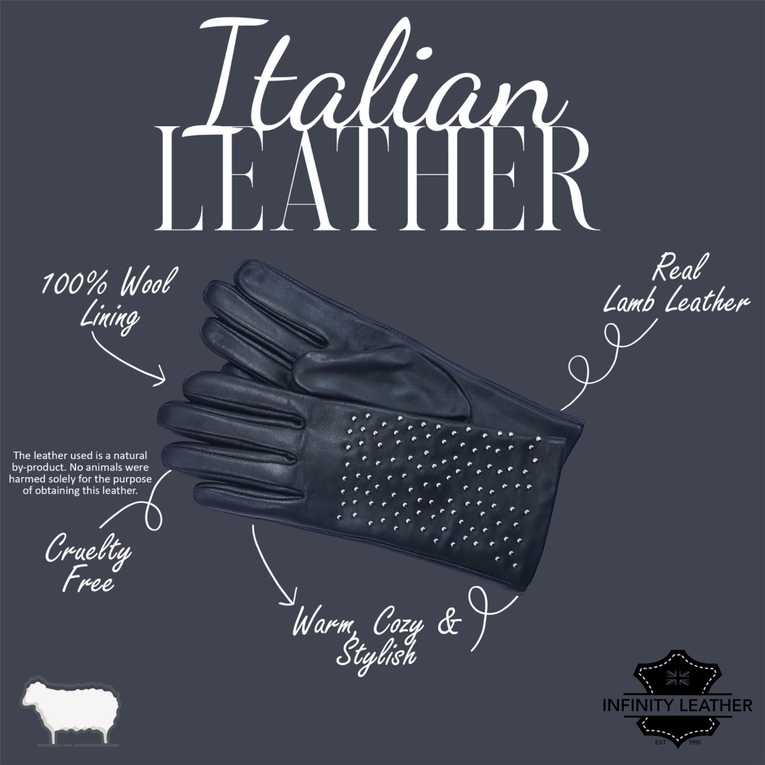 Womens Italian Leather Winter Studded Design Soft Wool Lining Gloves - L-GLV-601