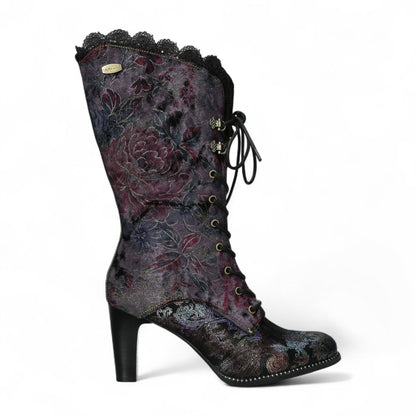 Laura Vita Alcbane 0351 Violet Floral Womens Gothic Victorian Leather Heeled High Boots