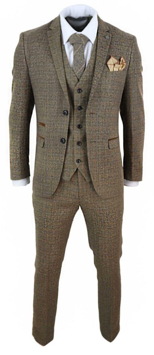 Mens 3 Piece Brown Tweed Check Vintage Retro Suit - Upperclass Fashions 