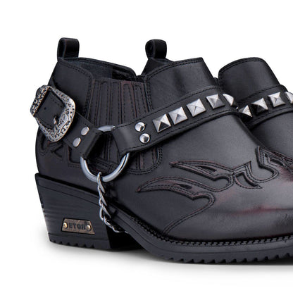 Men’S Black Leather Winklepicker Studded Western Biker Boots