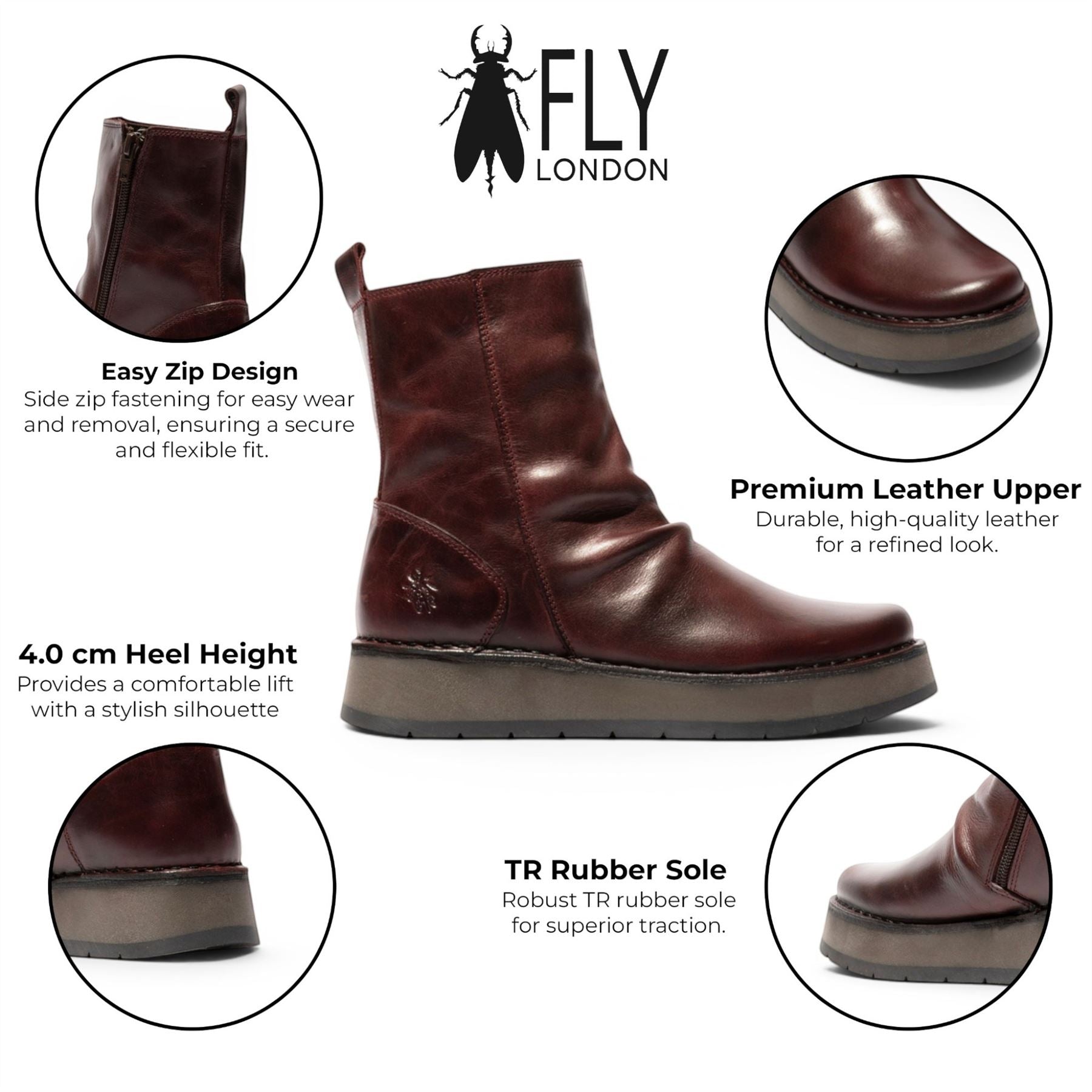 Fly London Womens Wine Leather Zip Up Platform Ankle Boots - RENO053FLY