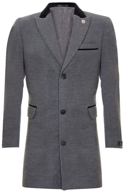Mens 3/4 Grey Long Crombie Overcoat Jacket Herringbone Tweed Coat Peaky Blinder