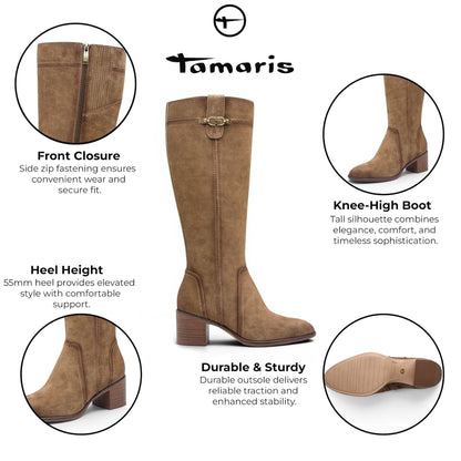 Tamaris Women’s Brown Suede Leather Riding Knee-High Heel Long Boots - 25576-47