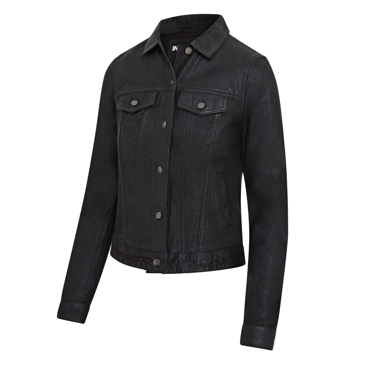 Womens Black Leather Trucker Jeans Jacket-  Watton