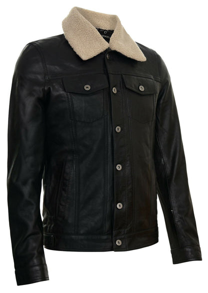 Mens Sheepskin Collar Trucker Leather Jacket-Darlington