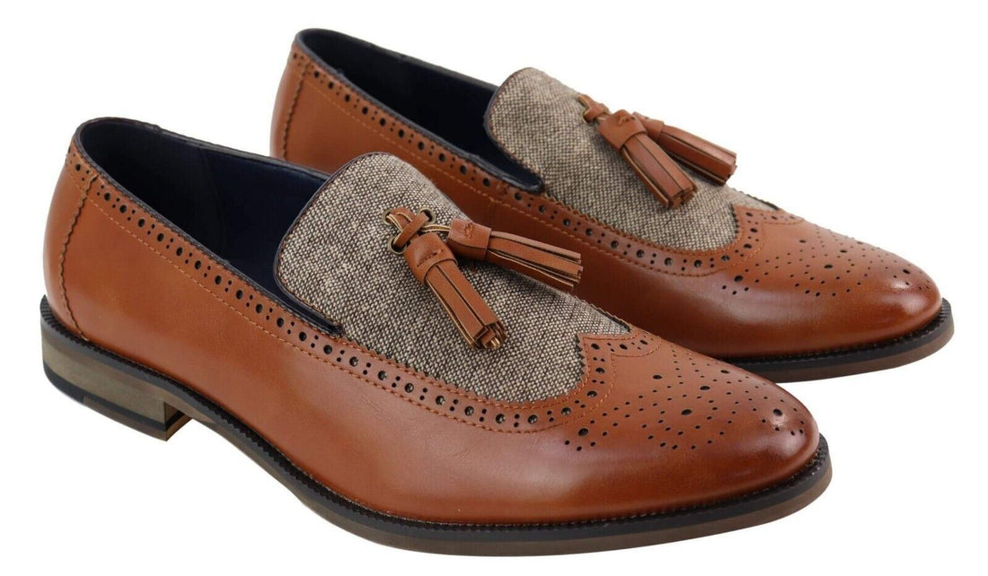 Mens Tasselled Tan Leather Tweed Slip on Loafers - Upperclass Fashions 