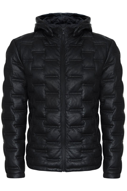 Mens Hooded Puffer Leather Bomber Jacket - Tadley