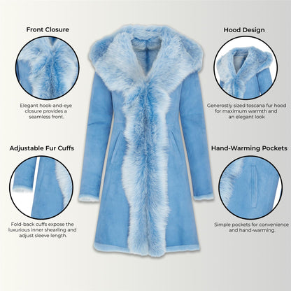 Womens Blue Toscana Sheepskin Suede Leather Hooded Trench Coat - Aura