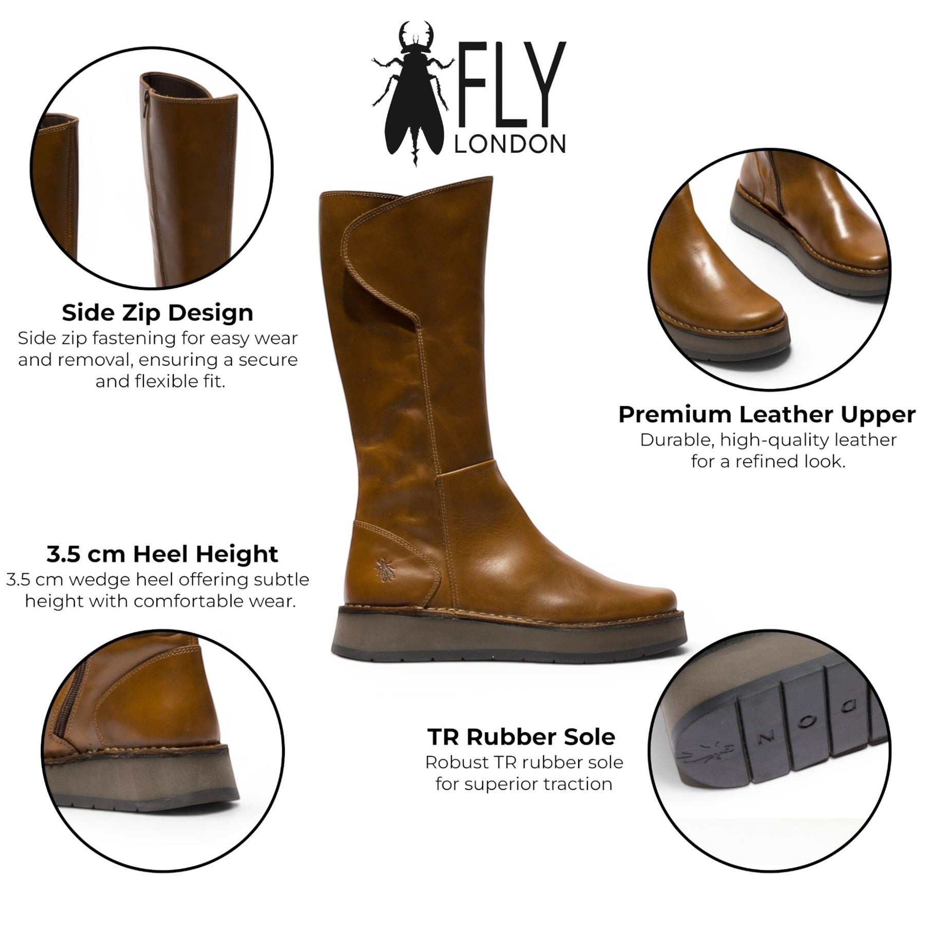 Fly London Womens Tan Leather High Pull On Long Boots - RHEA042
