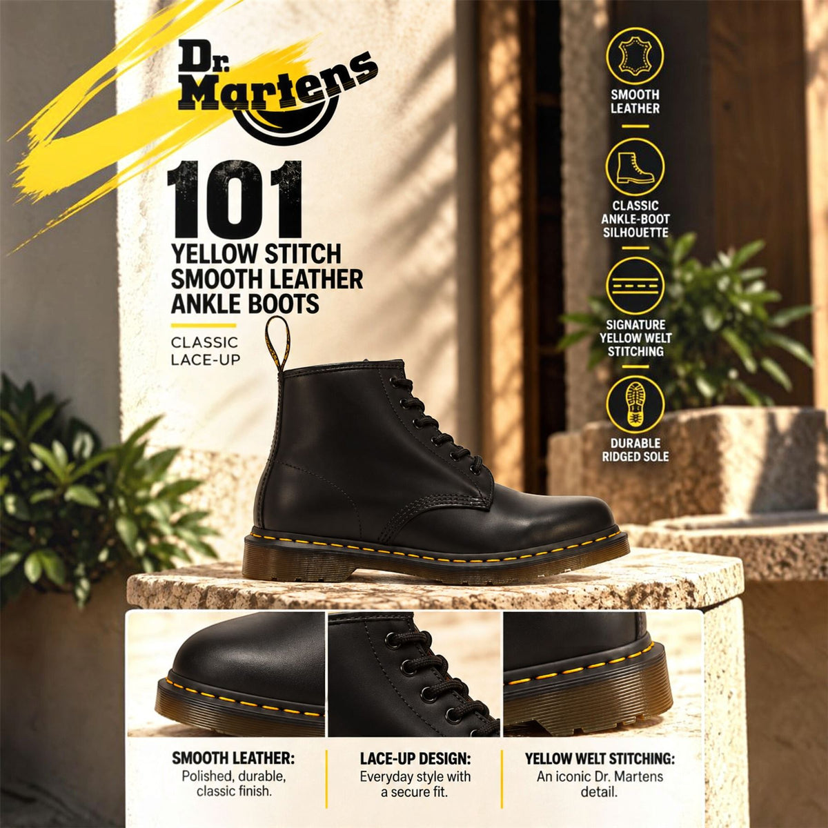 Dr Martens 101 Yellow Stitch Black Leather 6-Eye Ankle Boots - 26230001