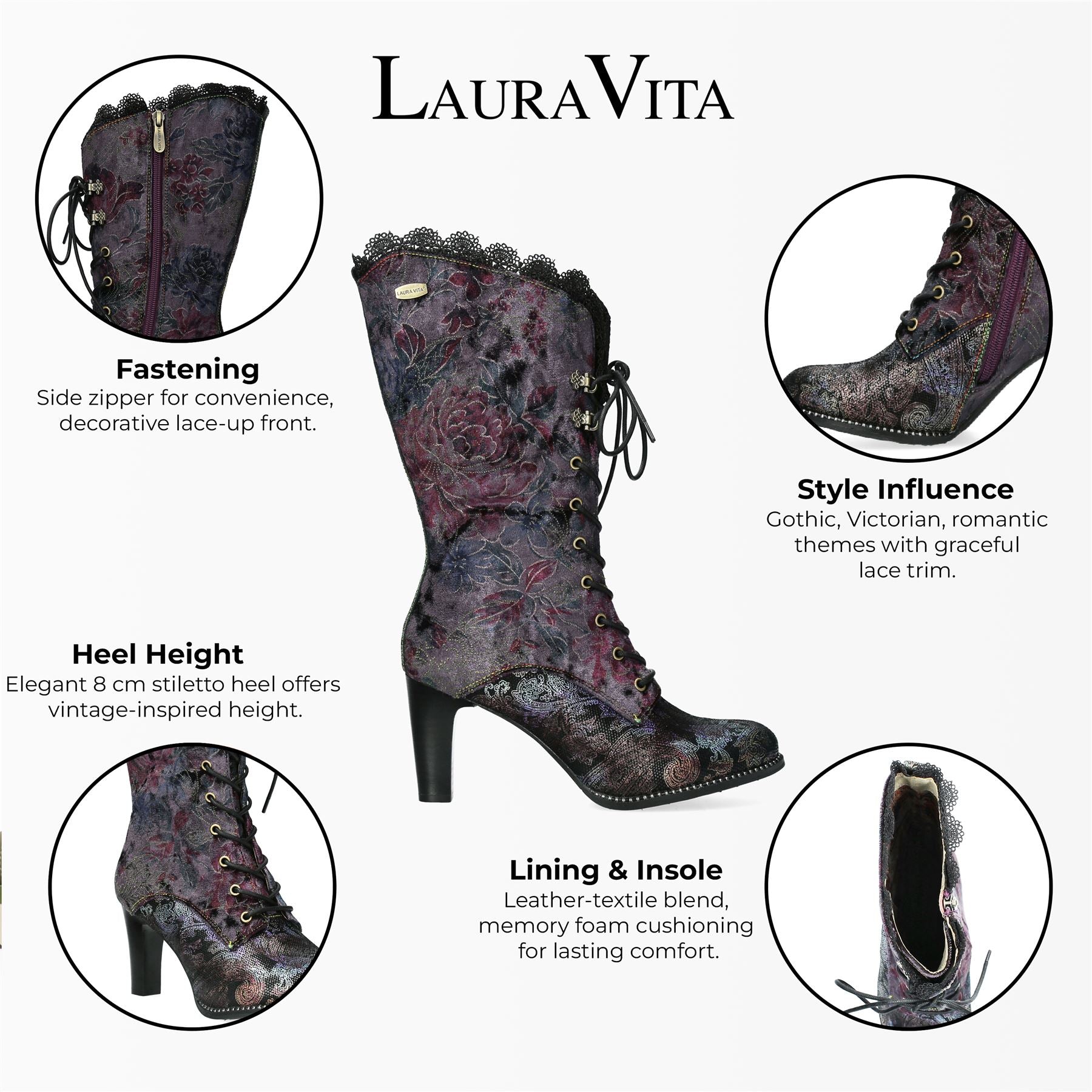 Laura Vita Alcbane 0351 Violet Floral Womens Gothic Victorian Leather Heeled High Boots