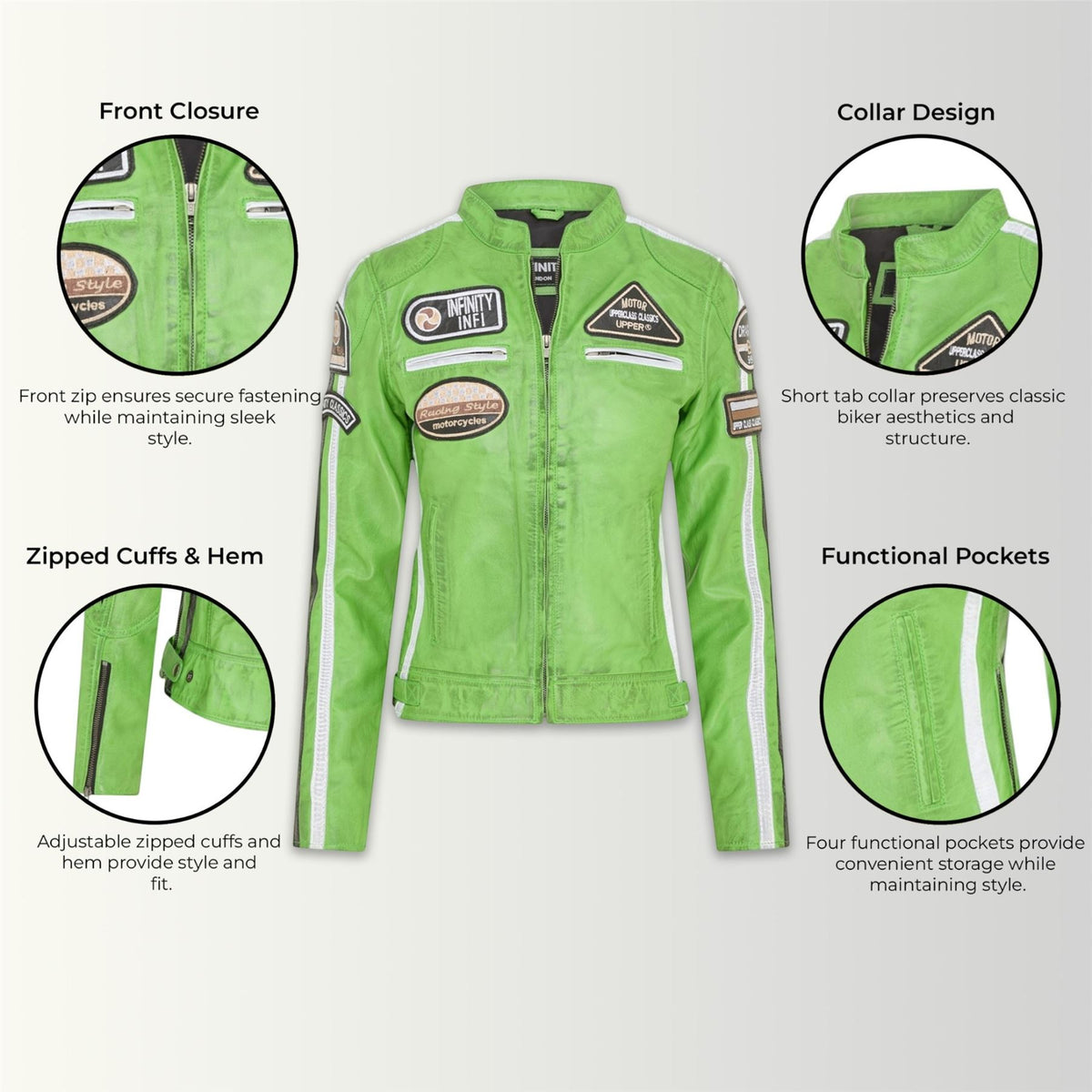 Womens Biker Racing Badges Leather Jacket-Eastleigh