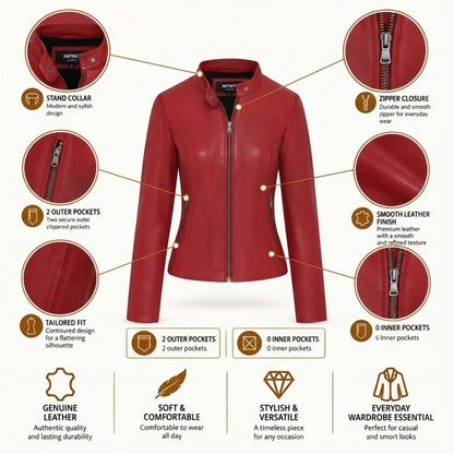 Womens Leather Stand Collar Racer Biker Jacket - 181
