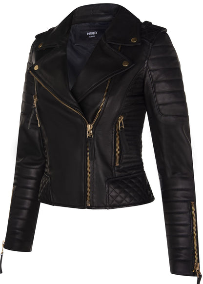 Womens Quilted Brando Leather Biker Jacket-Loftus