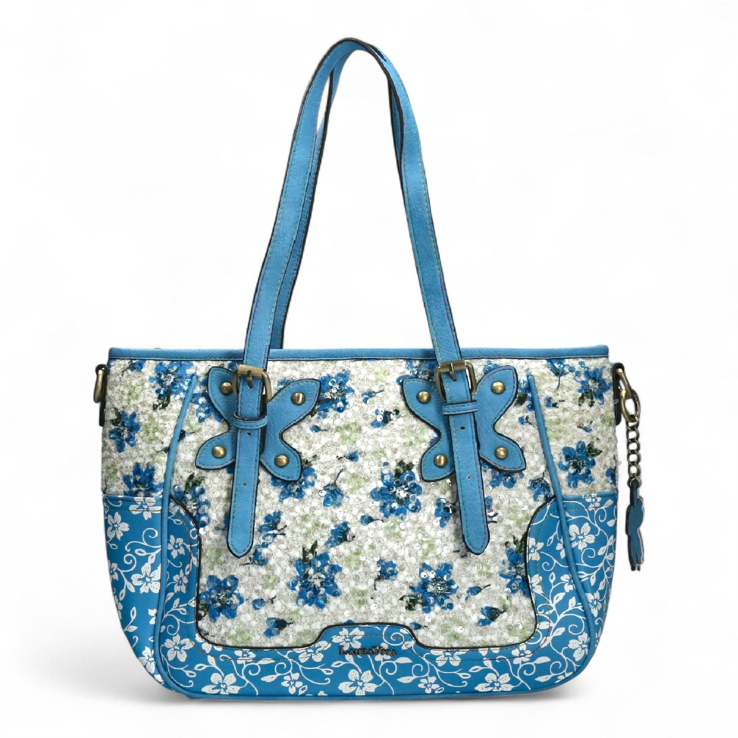 Laura Vita Aloe-02 Womens Blue Floral Print Adjustable Straps Shoulder Tote Bag