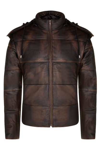 Mens Hooded Puffer Leather Bomber Jacket-Corbridge