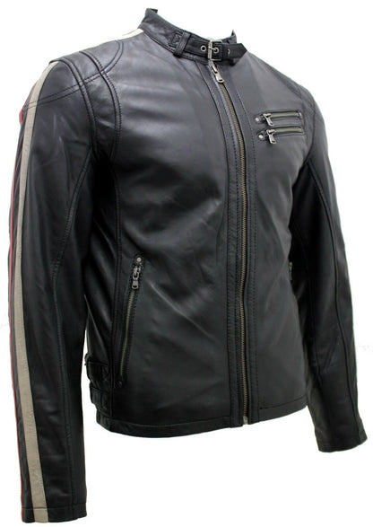 Mens Cafe Racing Striped Leather Jacket-Stocksbridge