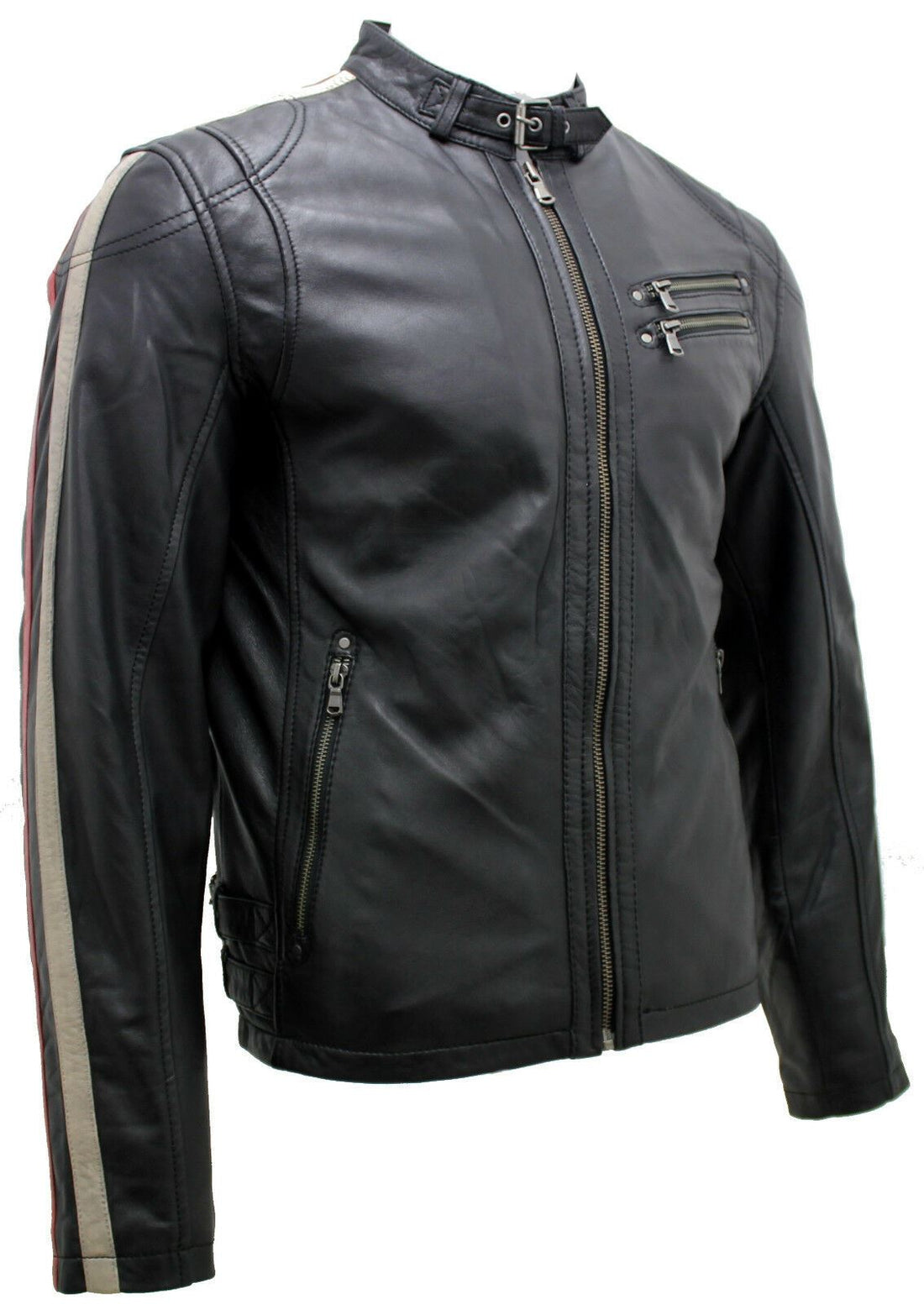 Mens Cafe Racing Striped Leather Jacket-Stocksbridge - Upperclass Fashions 