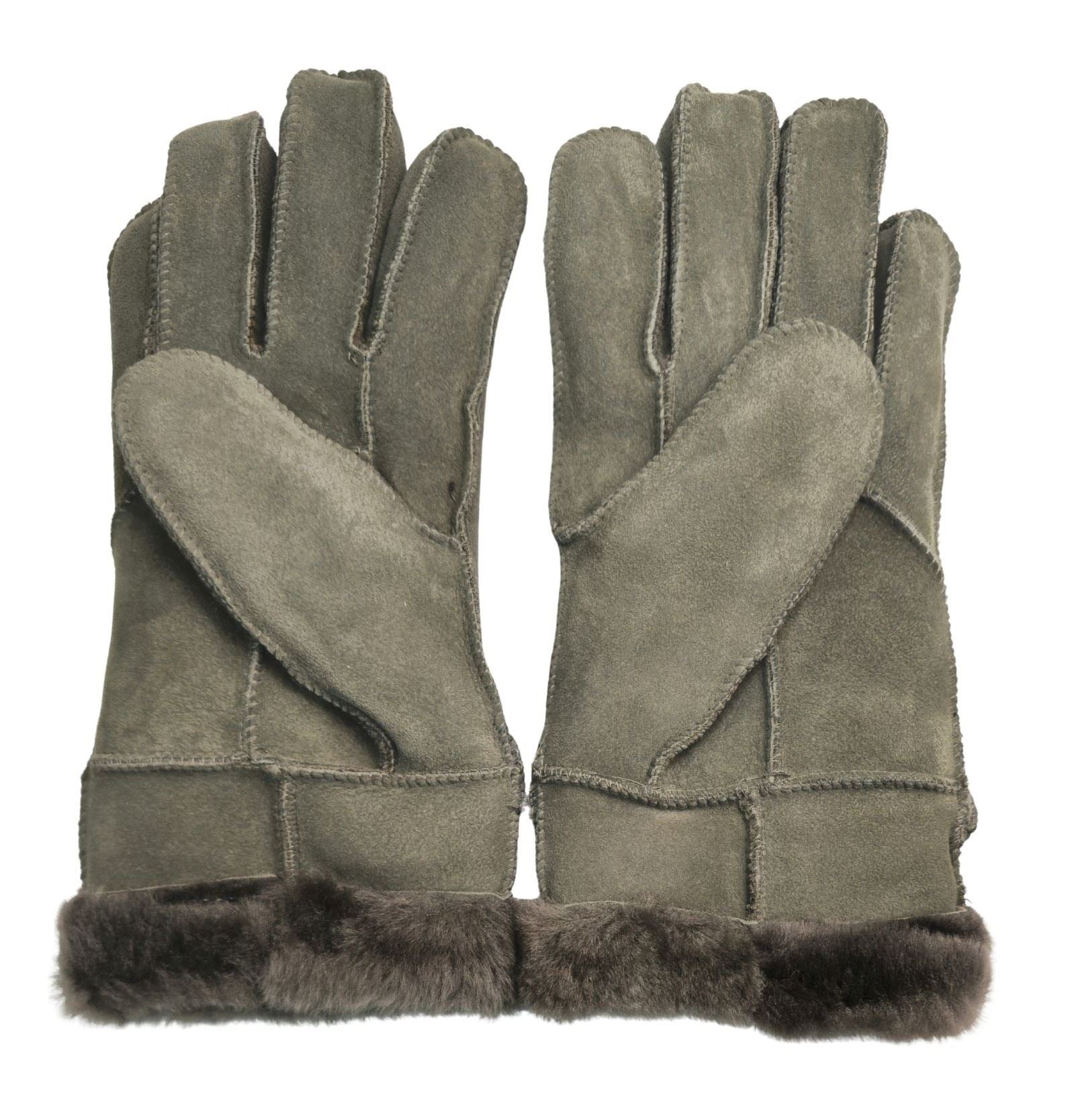 Mens Grey Luxury Sheepskin Suede Leather Gloves With Buckle