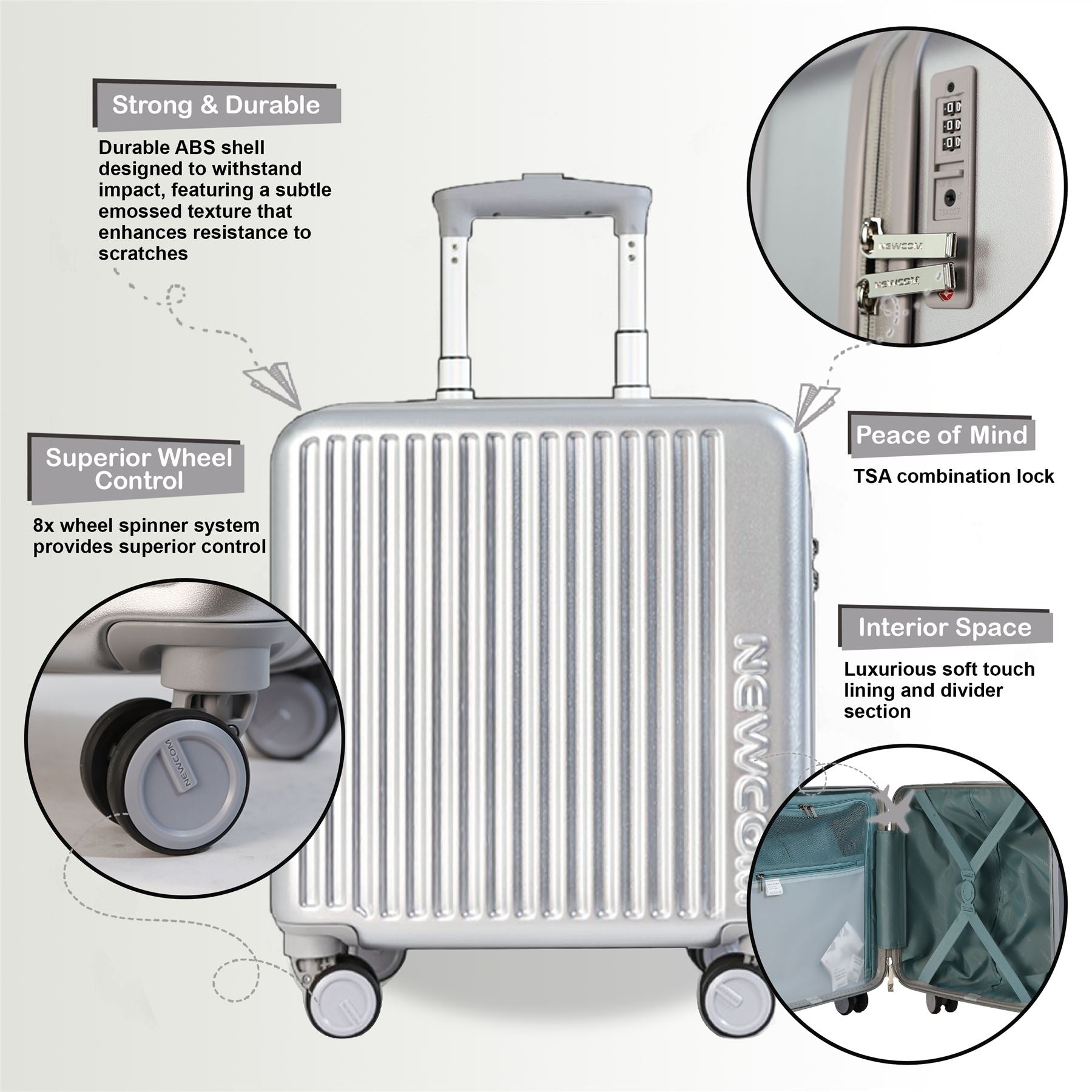 Hard Shell Cabin 44 x 22 x 38 cm Silver TSA Secure Luggage Suitcase Suitable for Easyjet, Ryanair