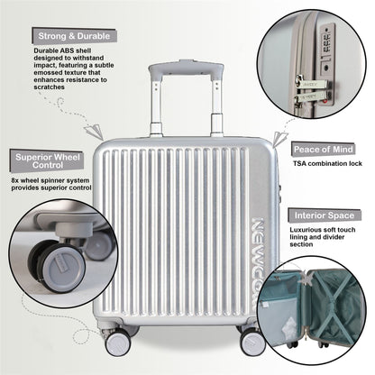 Hard Shell Cabin 44 x 22 x 38 cm Silver TSA Secure Luggage Suitcase Suitable for Easyjet, Ryanair