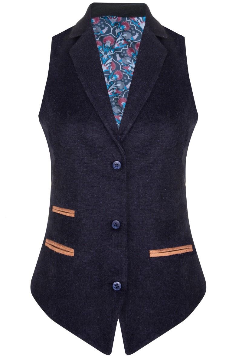 Womens 1920s Navy Blue Wool Classic Retro Vintage Waistcoat