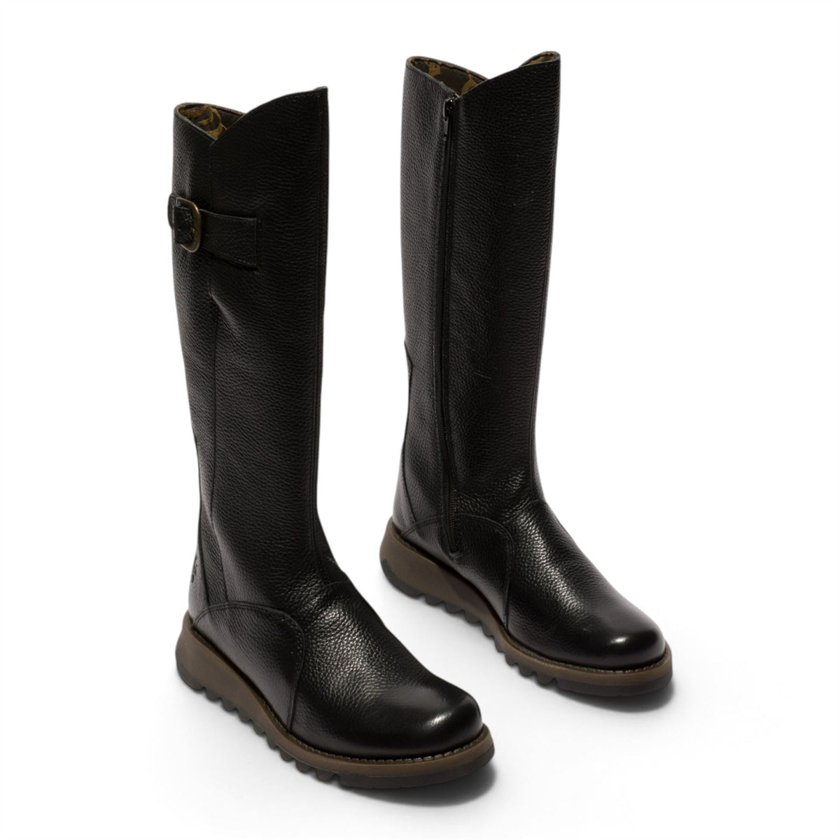 Fly London Womens Black Leather Wedge Heel Knee High Long Boots - MOL2