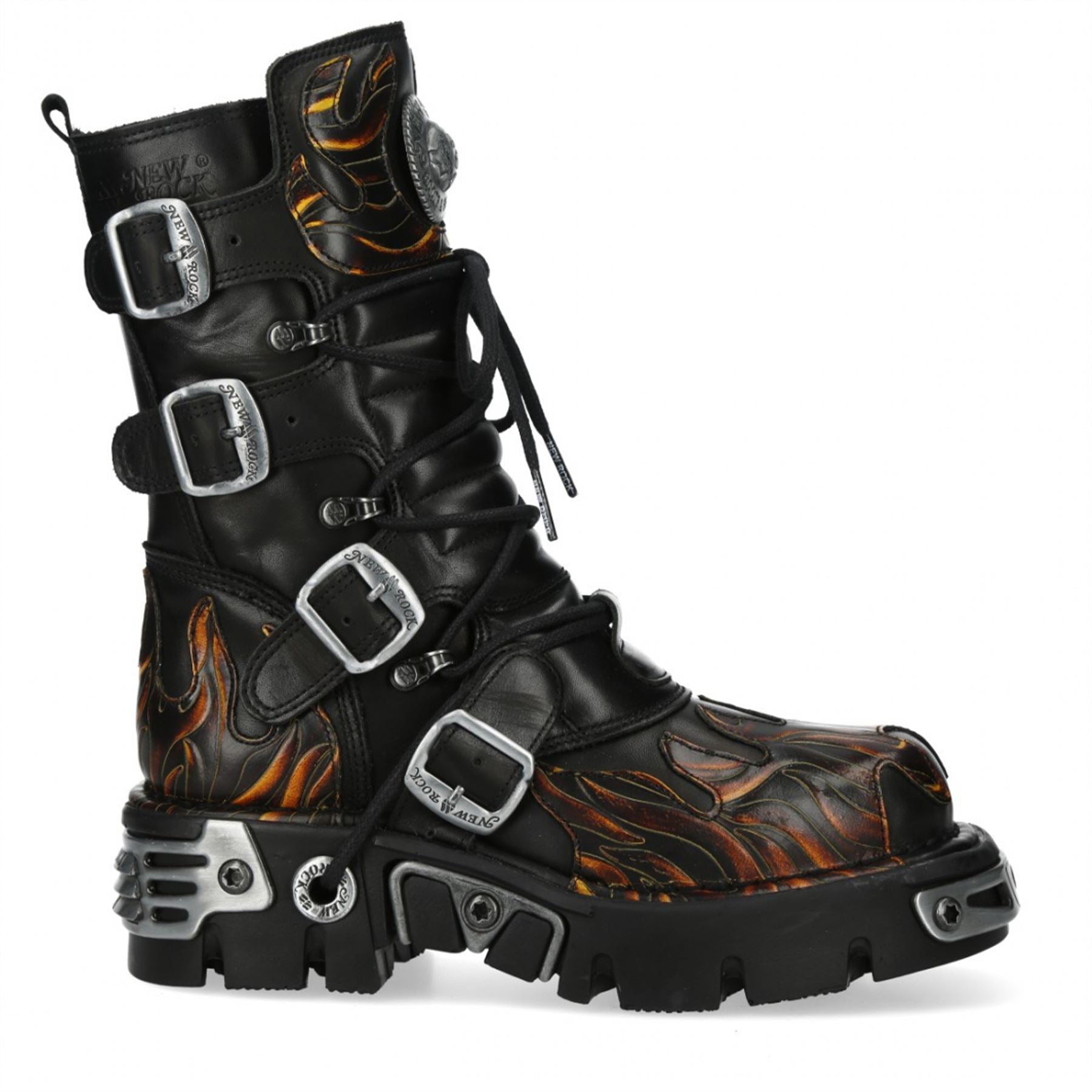 New Rock M-591-C58 Mid-Calf High Black Flame Leather Metallic