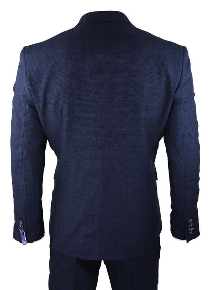 Mens 3 Piece Navy Blue Check Tweed Retro Classic Suit