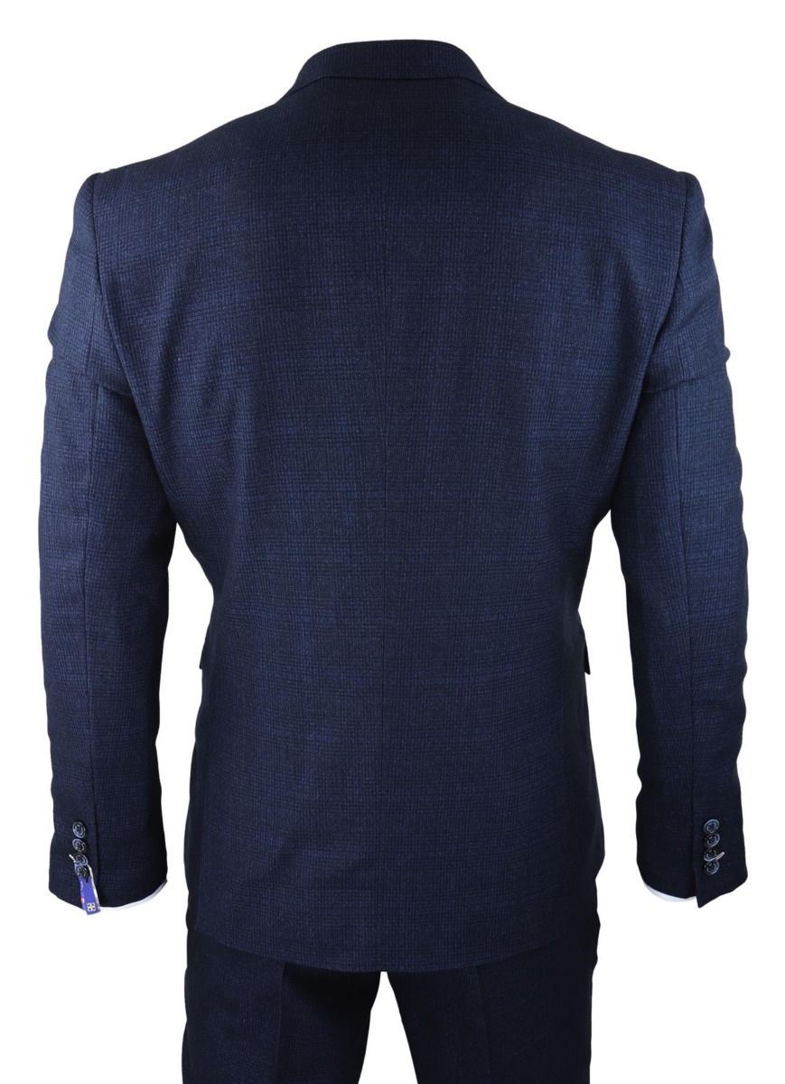 Mens 3 Piece Navy Blue Check Tweed Retro Classic Suit - Upperclass Fashions 