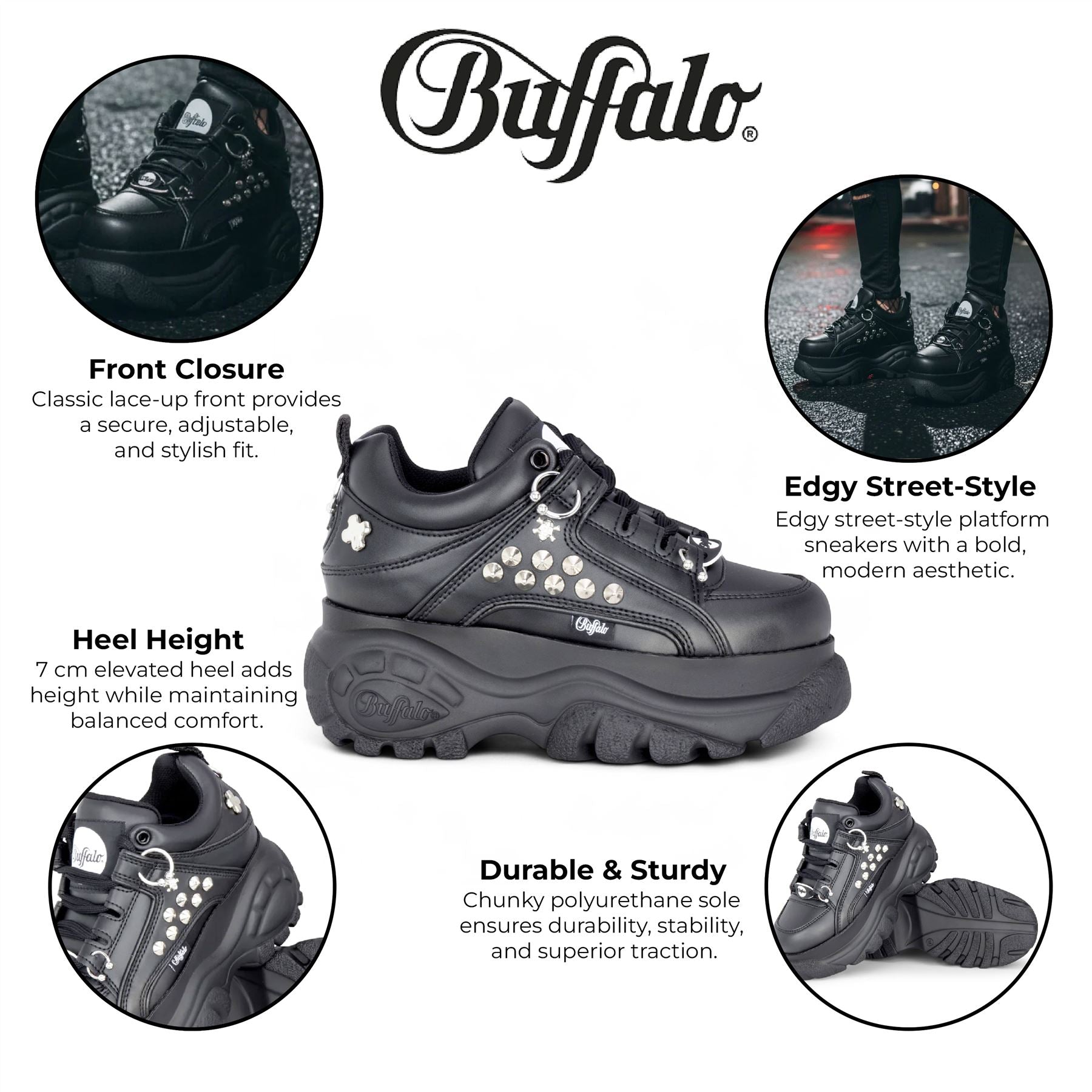 Buffalo Womens Black Studded Chunky Platform Fashion Trainers - 1339-14-PUNK