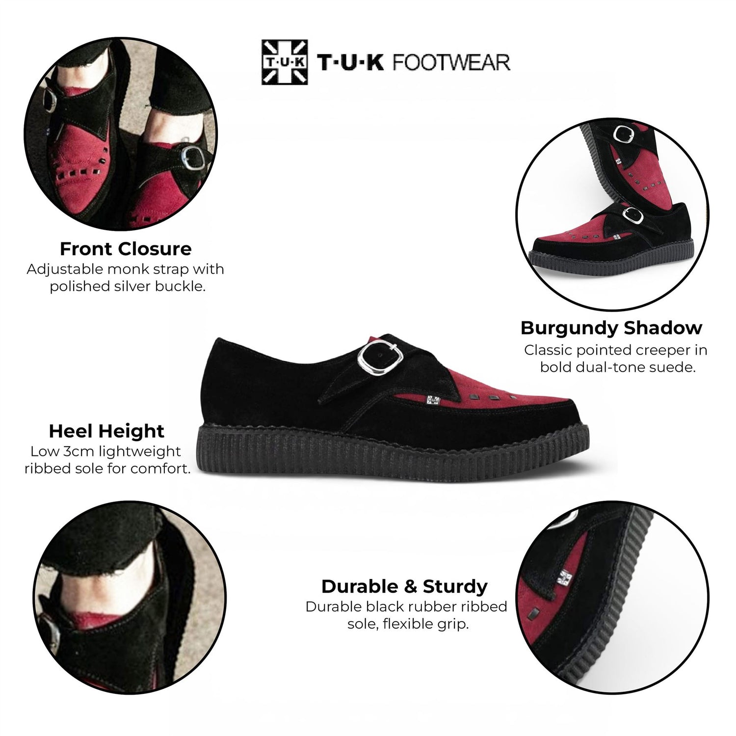 TUK Pointed Creeper Black Burgundy Suede Monk Buckle Platform Shoes - A9592