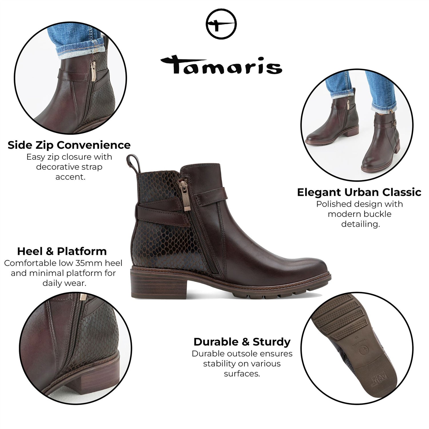 Tamaris Womens Mocca Brown Leather Buckled Zip Biker Ankle Boots