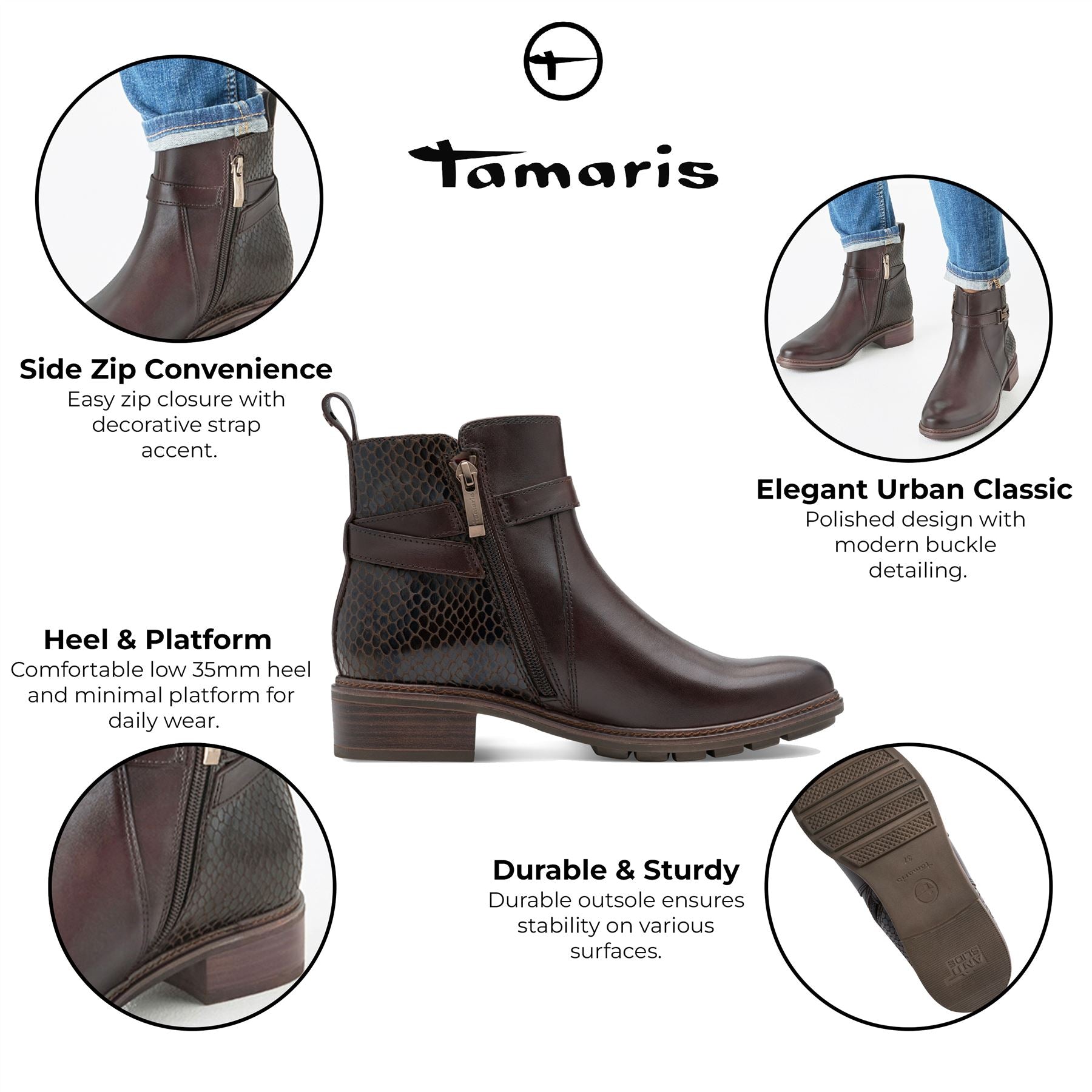 Tamaris Womens Mocca Brown Leather Buckled Zip Biker Ankle Boots