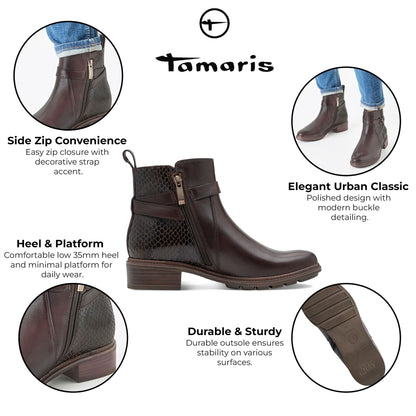 Tamaris Womens Mocca Brown Leather Buckled Zip Biker Ankle Boots