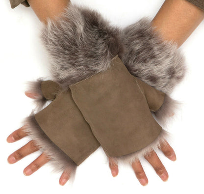 Womens Shearling Mittens Fingerless Cuffs Toscana Suede Sheepskin Fur - Upperclass Fashions 