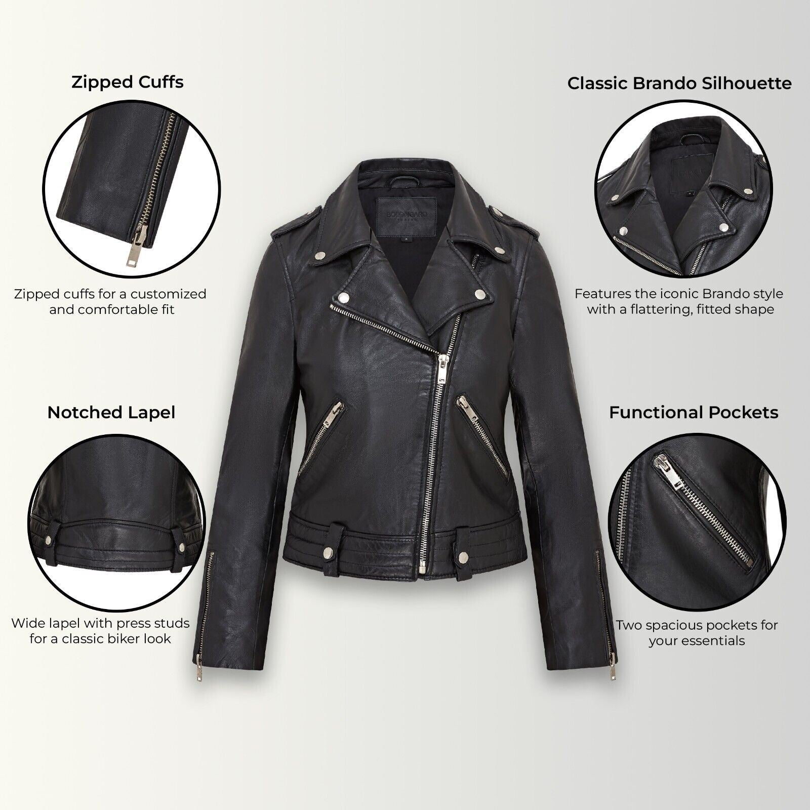 Womens Black Leather Brando Jacket - Washington