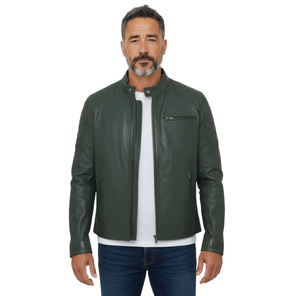 Mens Leather Quilted Shoulder Biker Jacket - Rock