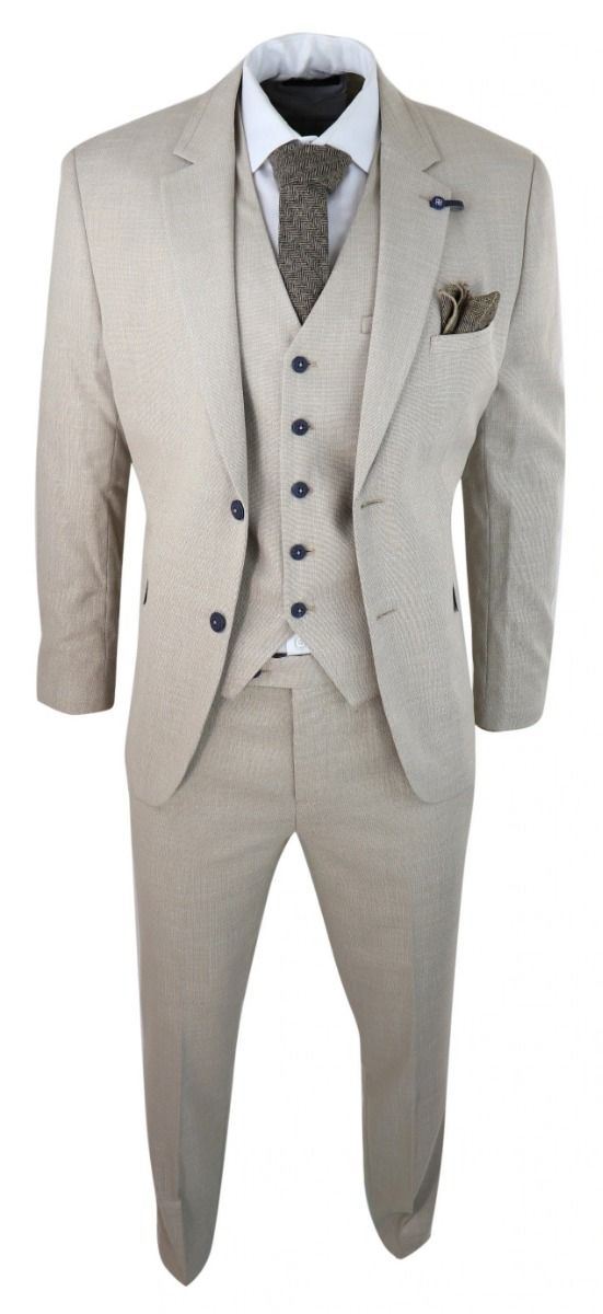 Mens 3 Piece Cream Linen Summer Spring Classic Suit - Upperclass Fashions 