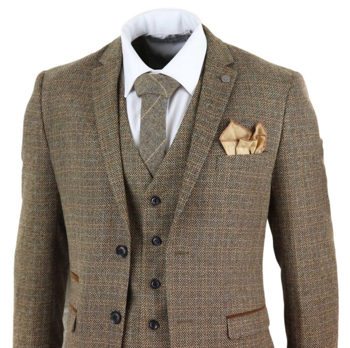 Mens 3 Piece Brown Tweed Check Vintage Retro Suit - Upperclass Fashions 