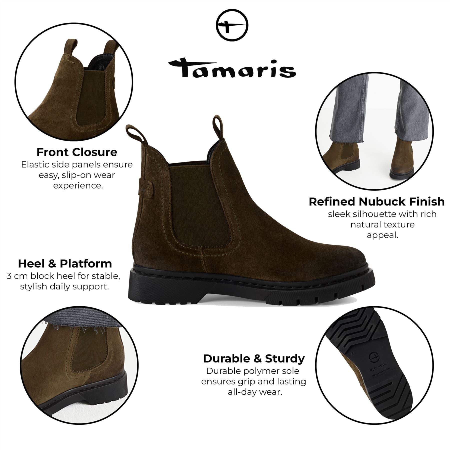 Tamaris Womens Olive Green Suede Leather Classic Chelsea Ankle Boots