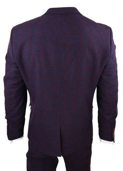 Mens 3 Piece Tweed Suit Plum Purple Check Peaky Blinders Classic 1920 Gatsby - Upperclass Fashions 