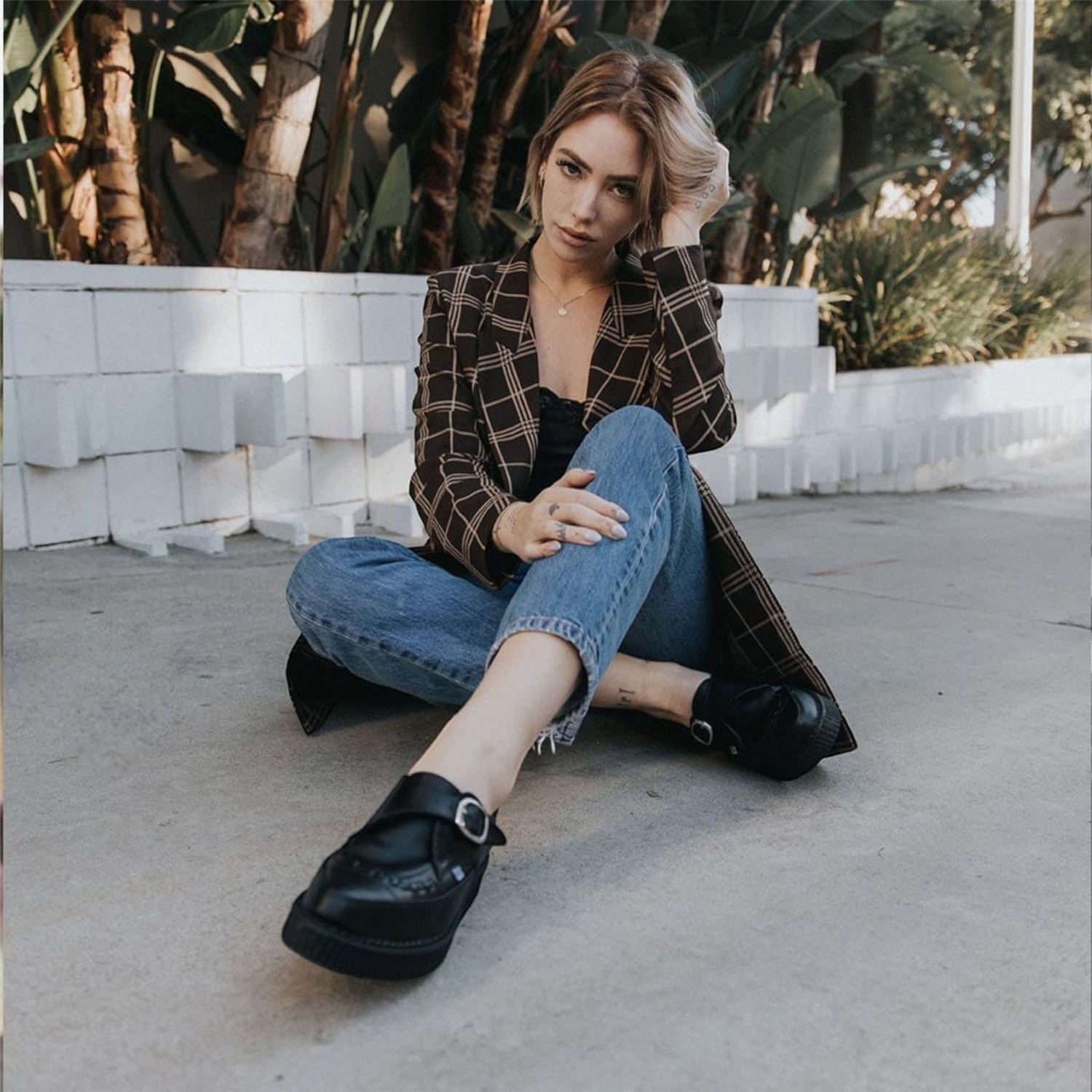 TUK Pointed Creeper Black Leather Monk Buckle Platform Shoes - A8520