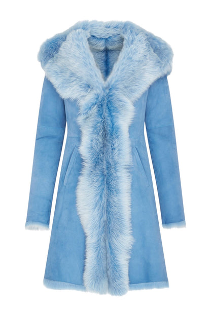 Womens Blue Toscana Sheepskin Suede Leather Hooded Trench Coat - Aura